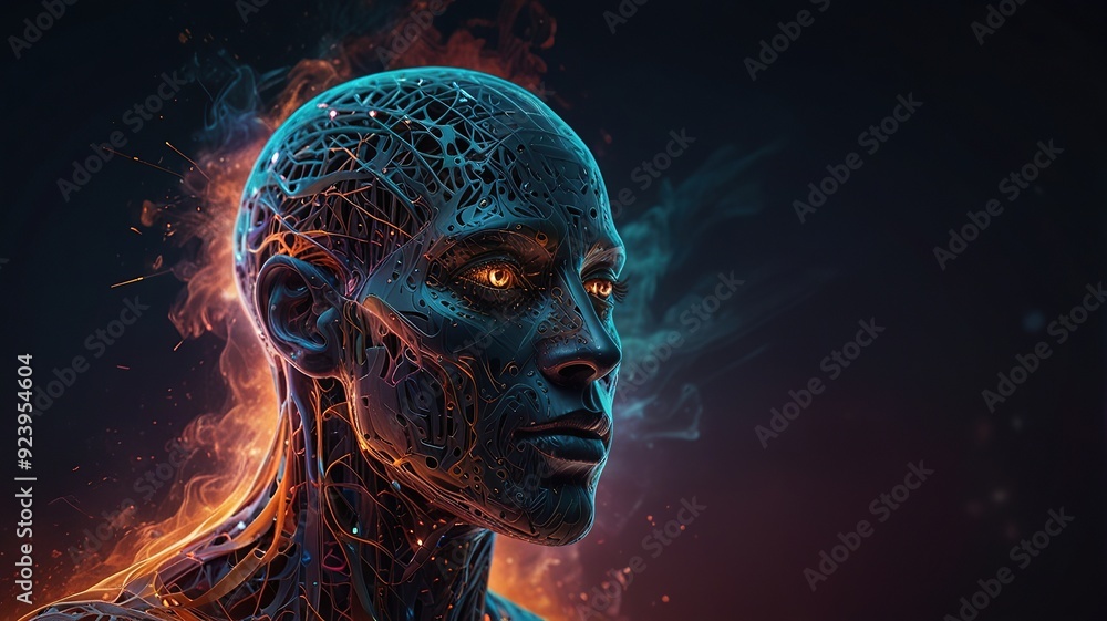 Poster free photo new 3d rendering ai robot face working with future digital graphic interface on dark back