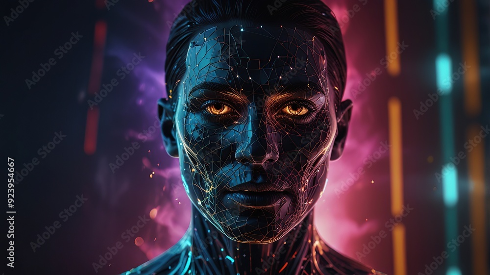 Poster free photo new 3d rendering ai robot face working with future digital graphic interface on dark back