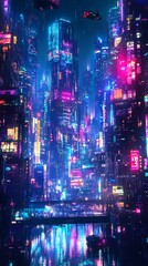 Neon-lit Cityscape with Waterway and Flying Vehicles