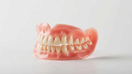 Obraz premium Close up of plastic dentures on a white background