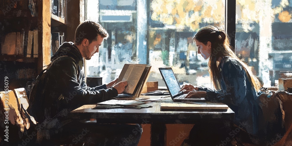 Poster a pair of adults studying together in a coffee shop with laptops and books on the table casual yet f