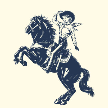 Vintage Illustration of a Cowgirl riding a Wild Horse