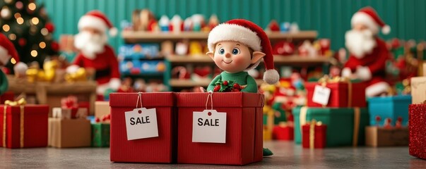 Santa s workshop with sale tags on toys and gifts, elves busy packing discounted items Holiday factory sale, Christmas workshop bargains
