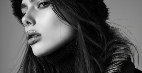 Naklejka premium High-contrast black and white close-up of a stylish woman wearing winter apparel, capturing her confident expression and strong features.