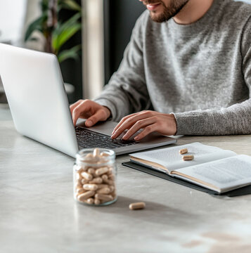 Man working on a laptop with microdosing supplements and a book on the table