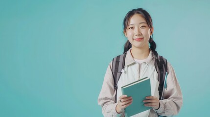 Obraz premium A young student smiles while holding a notebook, wearing a backpack, with a vibrant blue backdrop