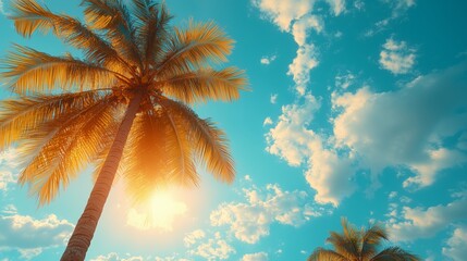 A sunny day with palm trees under a vibrant blue sky and fluffy clouds at sunset