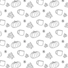 Seamless black and white pattern with pumpkins, maple leaves and flowers on white background for banner, wallpapers, fabrics, packaging