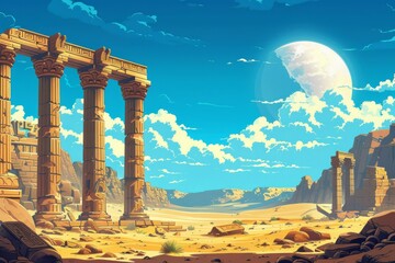 Fototapeta premium Sunset in desert with ancient columns and vibrant clouds illustrating a surreal landscape