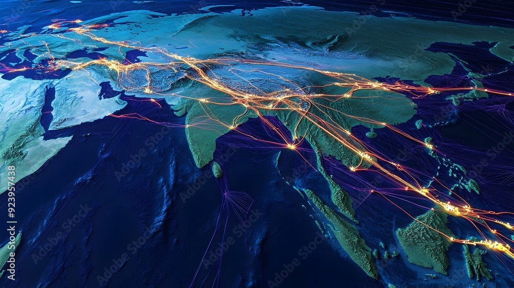 Poster heavily skewed trade routes converging towards china on 3d map visualization