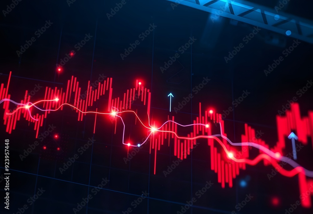 Poster a stock market chart with candlestick patterns and technical indicators displayed on a dark backgrou
