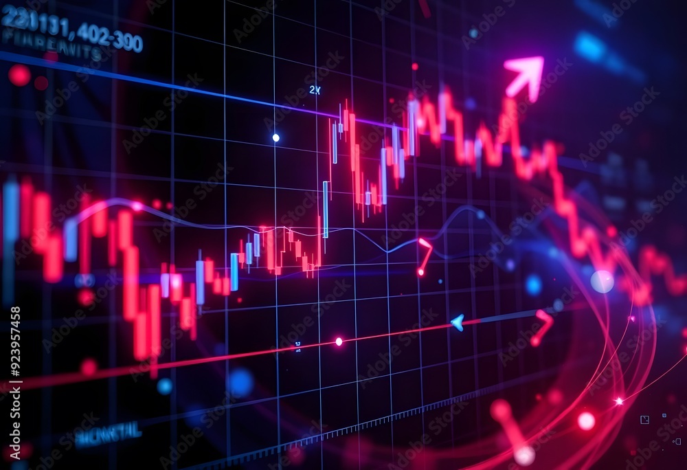 Poster a stock market chart with candlestick patterns and technical indicators displayed on a dark backgrou