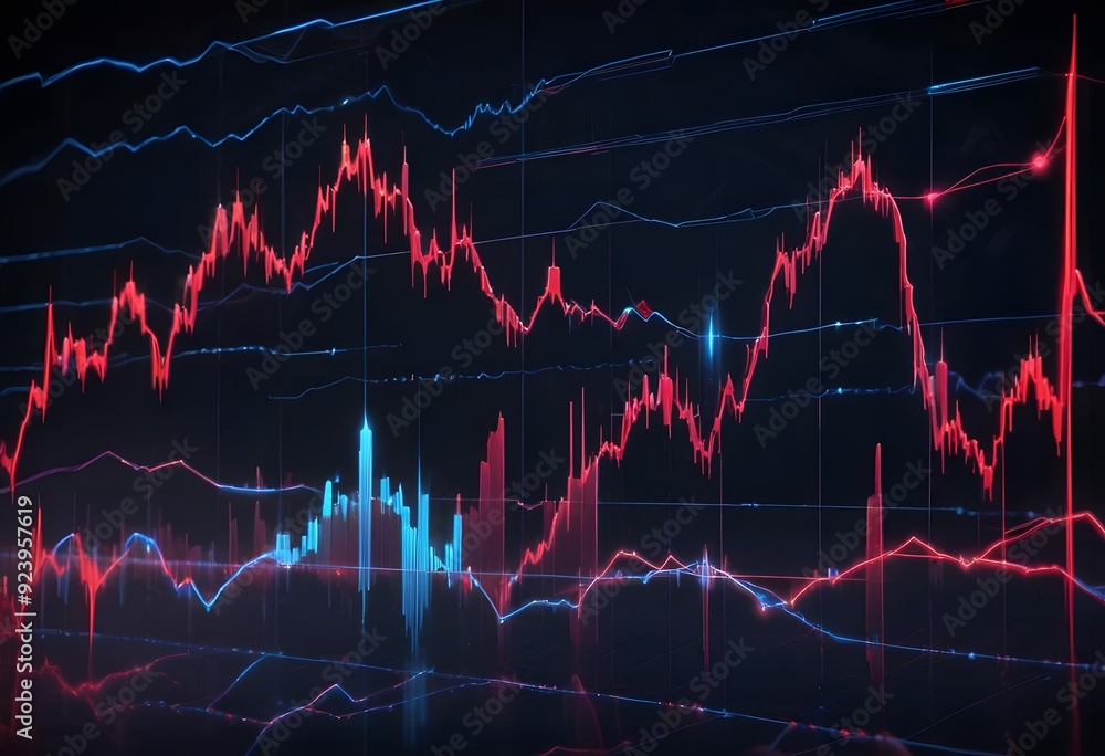 Poster a stock market chart with candlestick patterns and technical indicators displayed on a dark backgrou
