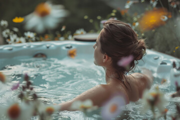 Obraz premium Relaxed woman soaking in a hot tub with flowers in an outdoor setting. Generative AI