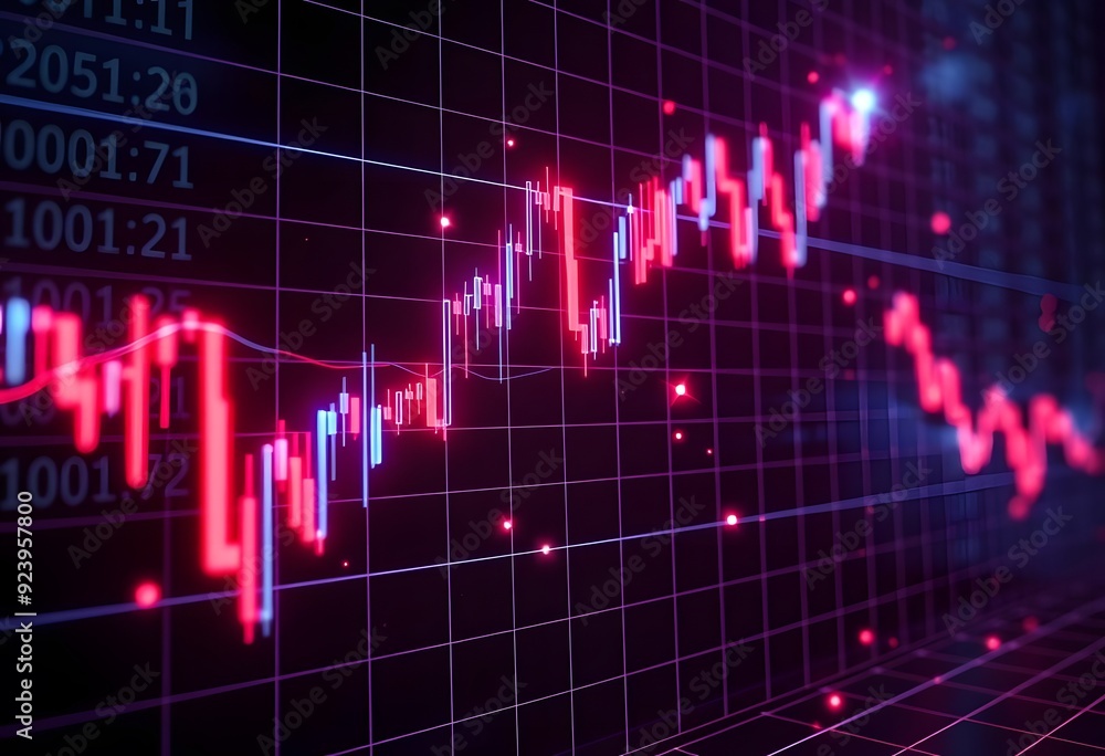 Poster a stock market chart with candlestick patterns and technical indicators displayed on a dark backgrou