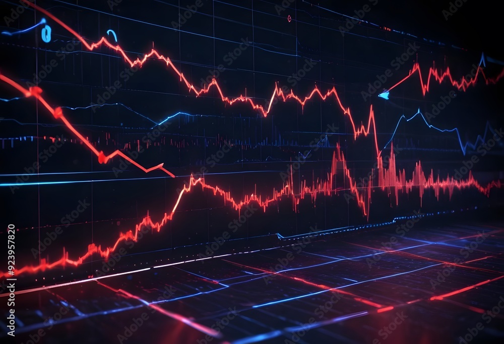 Poster a stock market chart with candlestick patterns and technical indicators displayed on a dark backgrou