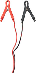 car battery jumper cables isolated white background, red and black booster cables clamps with wires