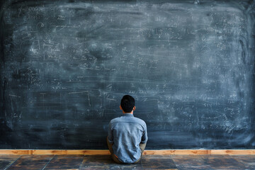 Fototapeta premium Man Contemplating Equations on a Blackboard