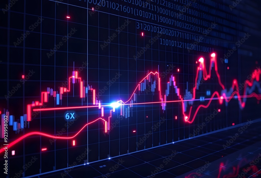 Poster a stock market chart with candlestick patterns and technical indicators displayed on a dark backgrou