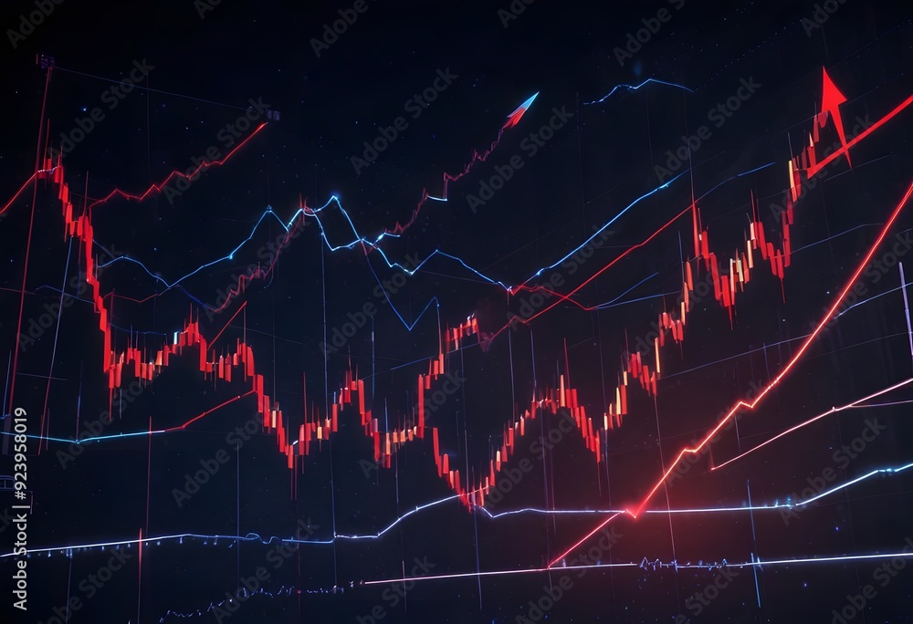 Poster a stock market chart with candlestick patterns and technical indicators displayed on a dark backgrou