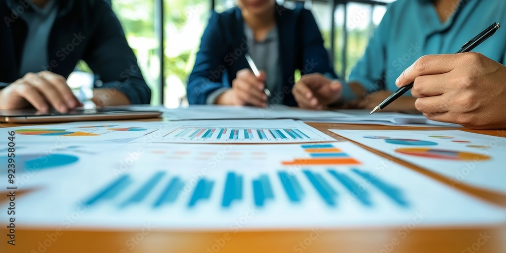 Poster Three educators in a close-up shot evaluating student performance charts around a table their faces showing thoughtful consideration