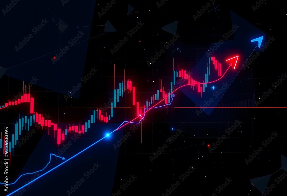 Poster a stock market chart with candlestick patterns and technical indicators displayed on a dark backgrou
