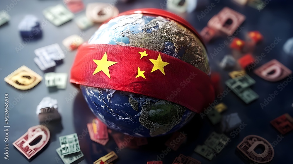 Poster imposing chinese flag wraps around the squeezed global economy in 3d render
