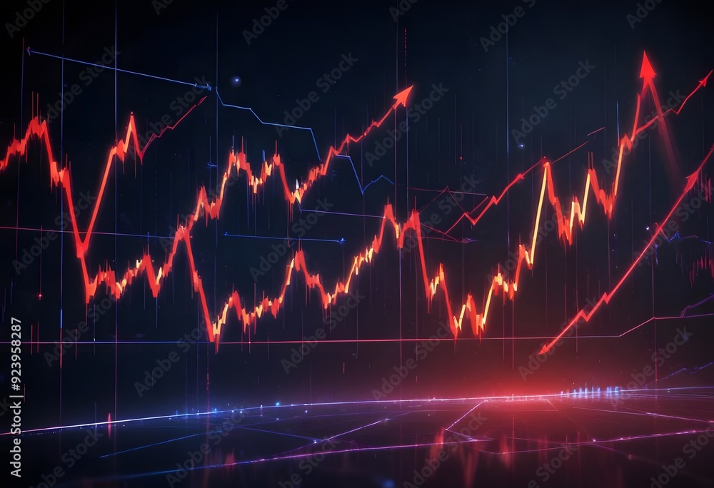 Poster a stock market chart with candlestick patterns and technical indicators displayed on a dark backgrou