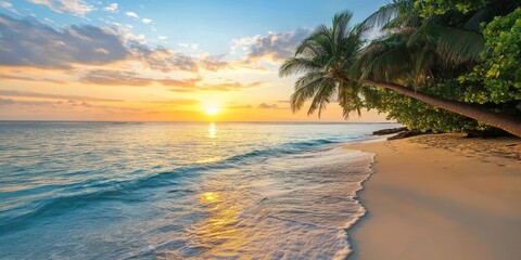 A vibrant tropical beach at sunrise, with turquoise waters, white sands, and palm trees gently swaying in the breeze