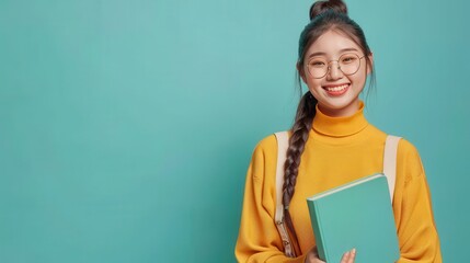 Obraz premium A cheerful young woman smiles broadly while holding a teal book with a bright background