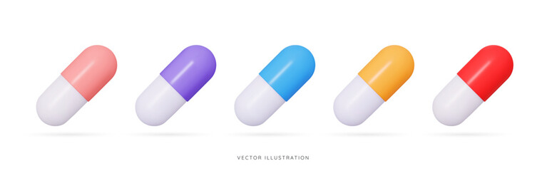 3D Set of color medical pills. Oval capsule shaped tablets. Vitamins and antibiotics for health. Healthcare and medicine. Pharmacy drug. Cartoon icons isolated on white. 3D Vector illustration