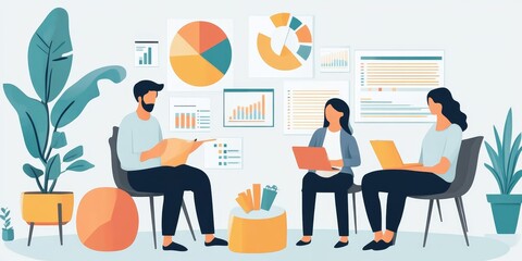 A family discussing their financial goals with a planner, surrounded by documents, pie charts, and a supportive, guiding atmosphere