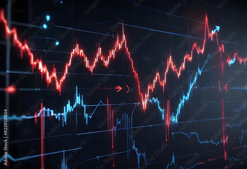 Aufkleber a stock market chart with candlestick patterns and technical indicators displayed on a dark backgrou