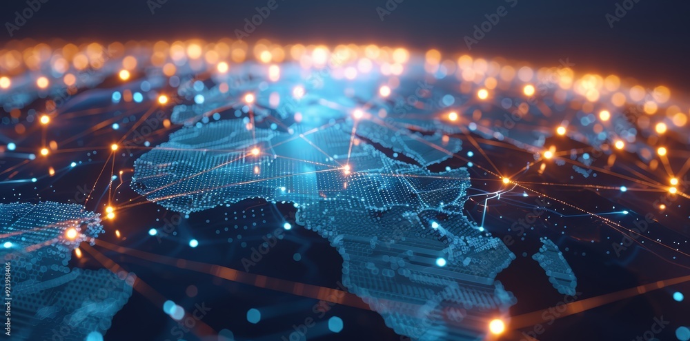 Wall mural global network connectivity on digital world map a digital representation of a world map with glowin