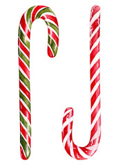 Cute hand drawn watercolor christmas canes in red and green colors