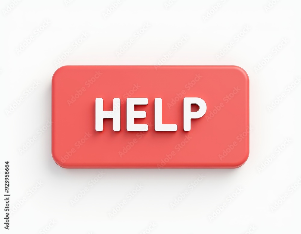 Poster red rectangular button with the word 'help' in bold, white letters on a clean, white background.