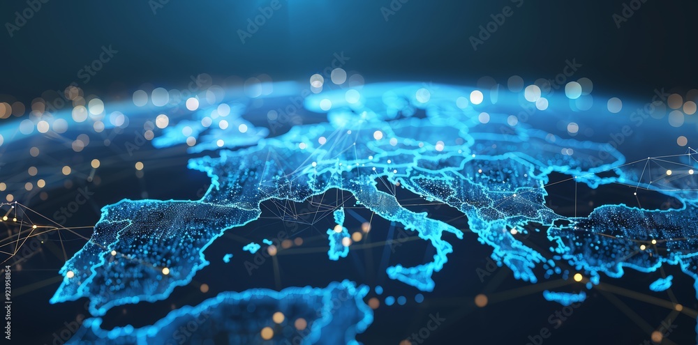 Wall mural global network connectivity on digital world map a digital representation of a world map with glowin