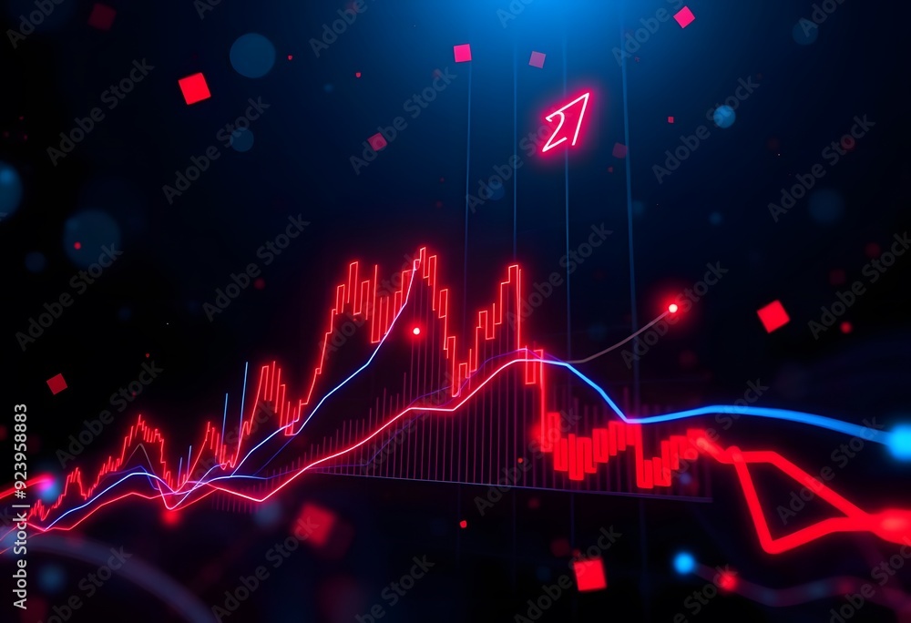 Aufkleber a stock market chart with candlestick patterns and technical indicators displayed on a dark backgrou
