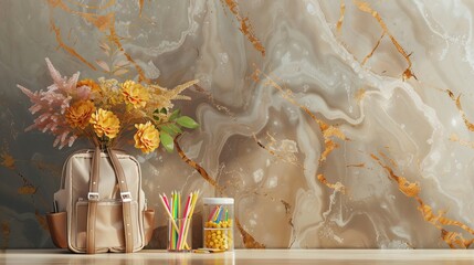 Fototapeta premium Back to school concept banner. Background the beginning of a new semester. Design of various colorful stationery and bouquet of flowers with space for text or promotional content. Education concept.