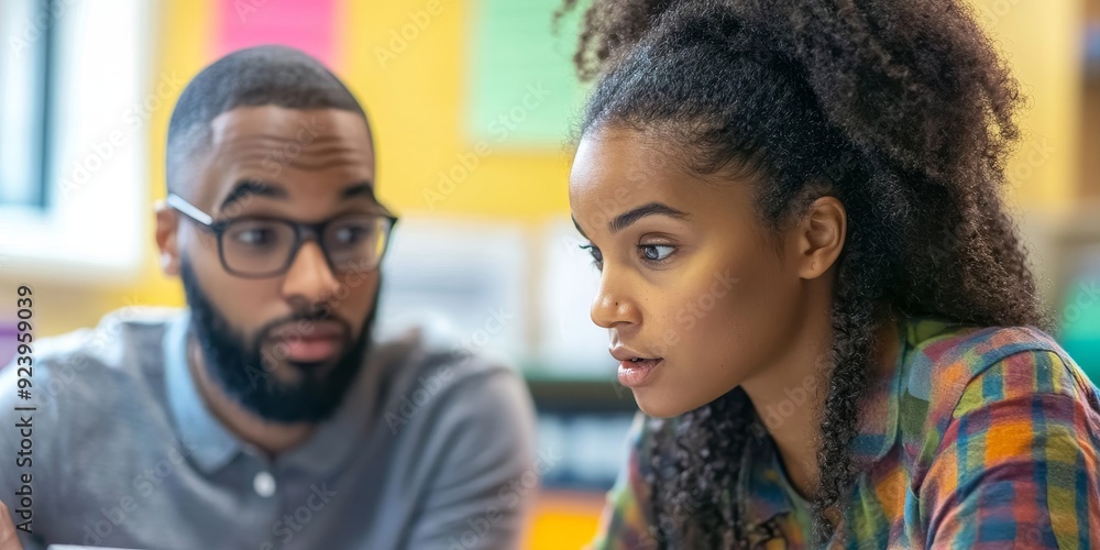 Poster A close-up of two educators collaborating on a lesson plan in a colorful classroom their faces serious and focused as they discuss ideas
