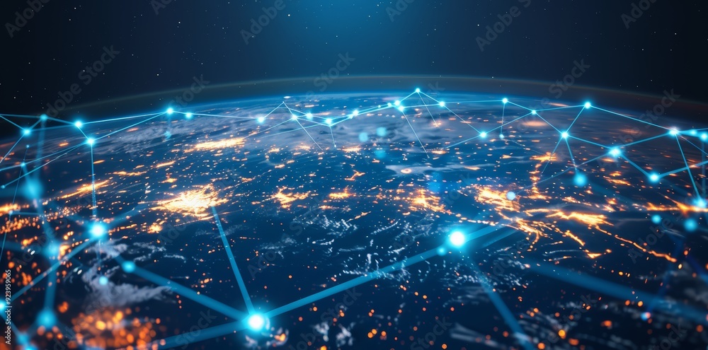 Wall mural global network connectivity on digital world map a digital representation of a world map with glowin