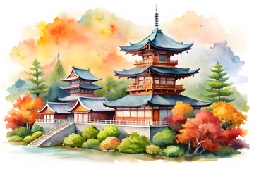 Fototapeta premium Japanese pagoda, in garden. Cherry flower branch. Vector illustration Chinese house. Cherry blossoms. Apple tree. House in traditional Asian architecture. Rural multi-storey Korean temple, castle. 