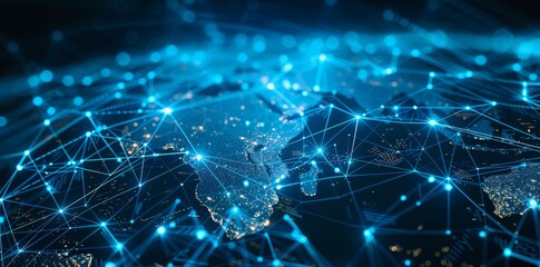 Global Network Connectivity on Digital World Map A digital representation of a world map with glowing network connections, symbolizing global communication and data exchange.