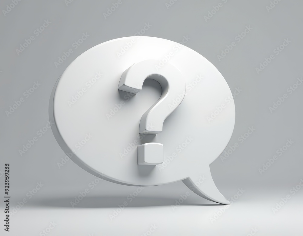 Poster three-dimensional speech bubble with a question mark in a minimal light gray background.