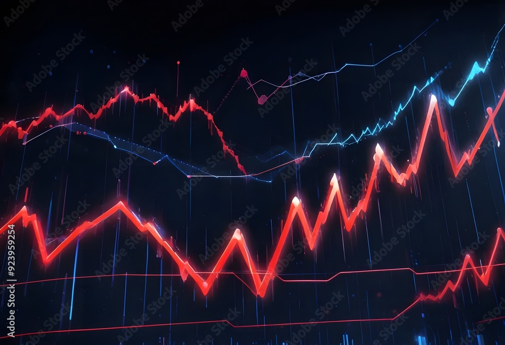 Poster a stock market chart with candlestick patterns and technical indicators displayed on a dark backgrou