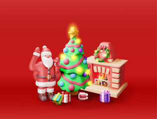 3D red brick new year fireplace and santa claus. Render christmas decorated fireplace with tree, gifts. Happy new year. Christmas holiday. New year and xmas celebration. Vector illustration