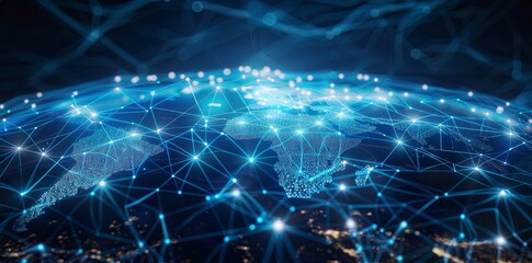 Obraz premium Global Network Connectivity on Digital World Map A digital representation of a world map with glowing network connections, symbolizing global communication and data exchange.