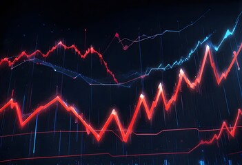 Naklejka premium A stock market chart with candlestick patterns and technical indicators displayed on a dark background with neon-colored lines and lights