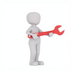 3D-rendered figure holding a large red wrench, symbolizing repair or maintenance work.