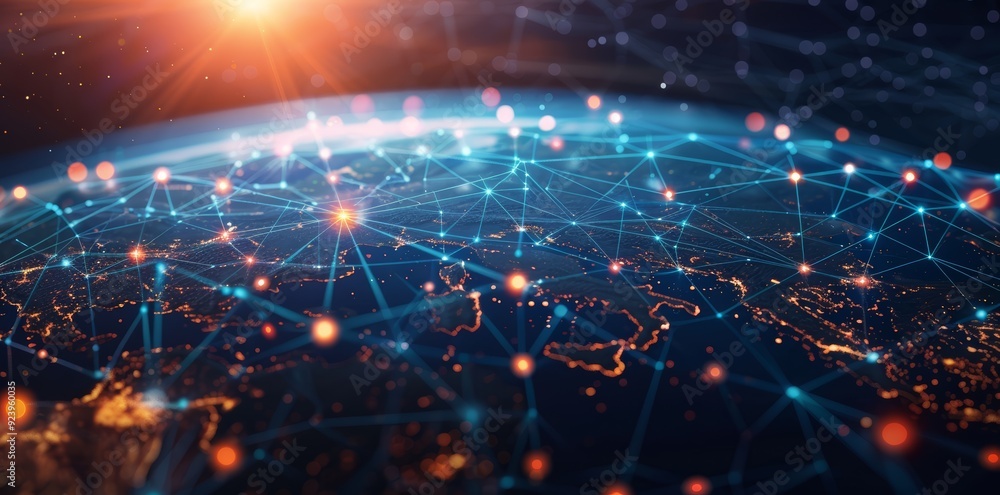 Wall mural global network connectivity on digital world map a digital representation of a world map with glowin